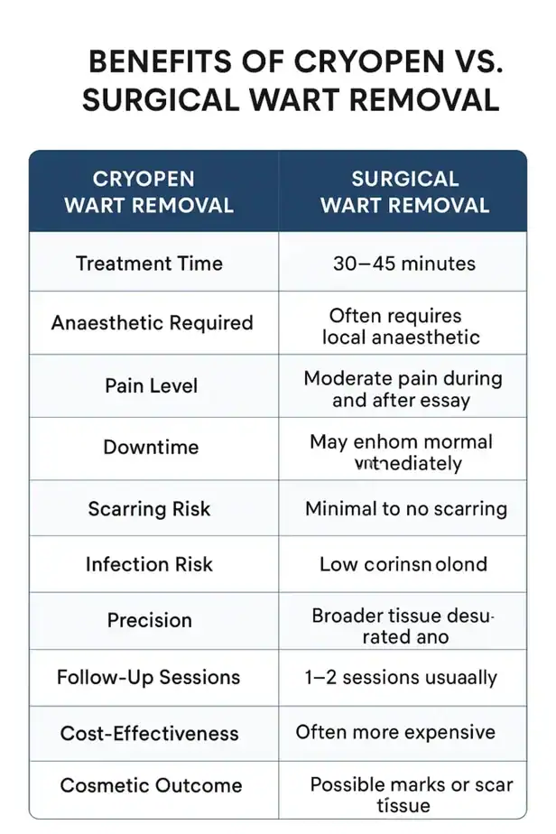 Table showing the benefits of cryopen to remove warts Rugby compared to surgical treatment